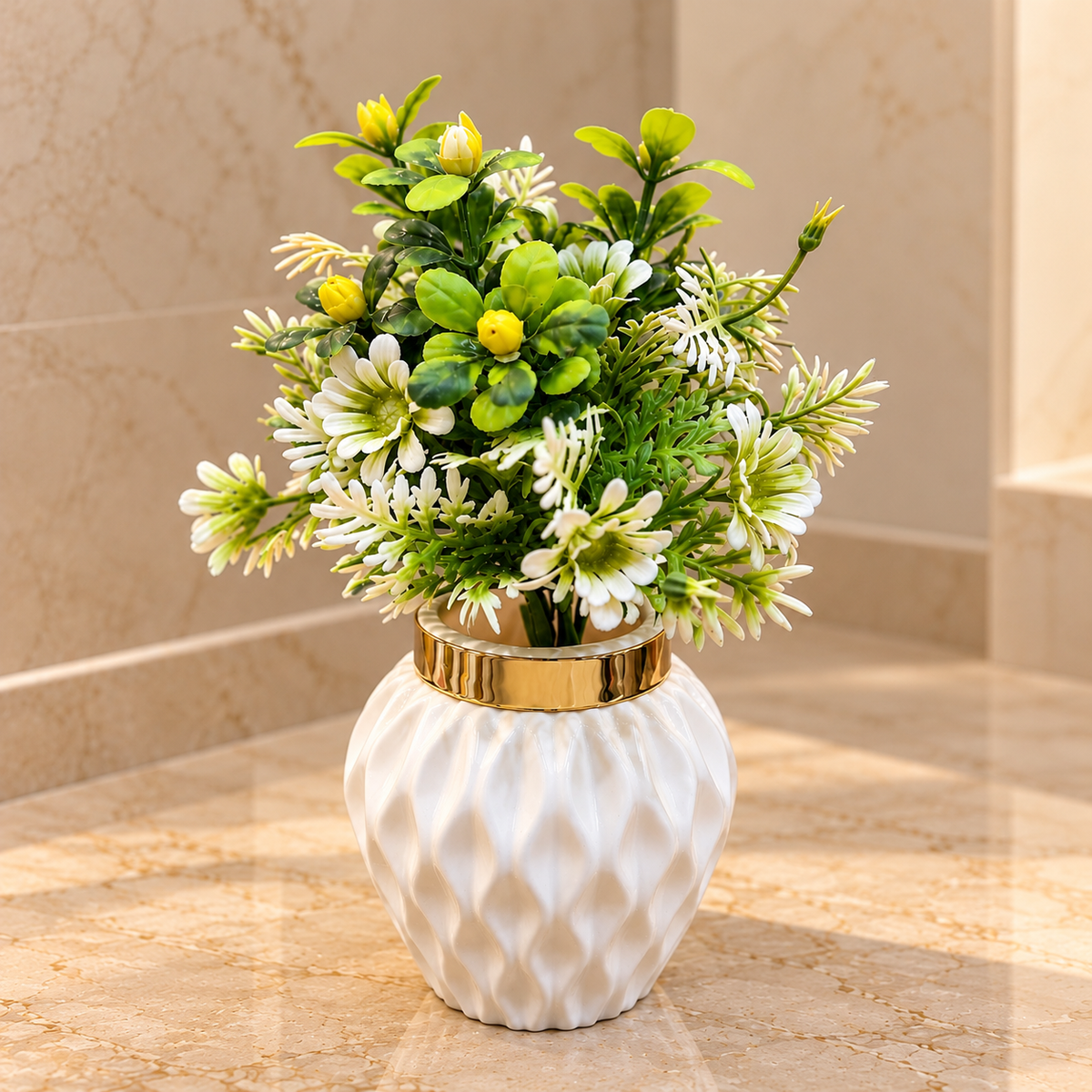 White Ribbed Decorative Vase with Artificial Flowers