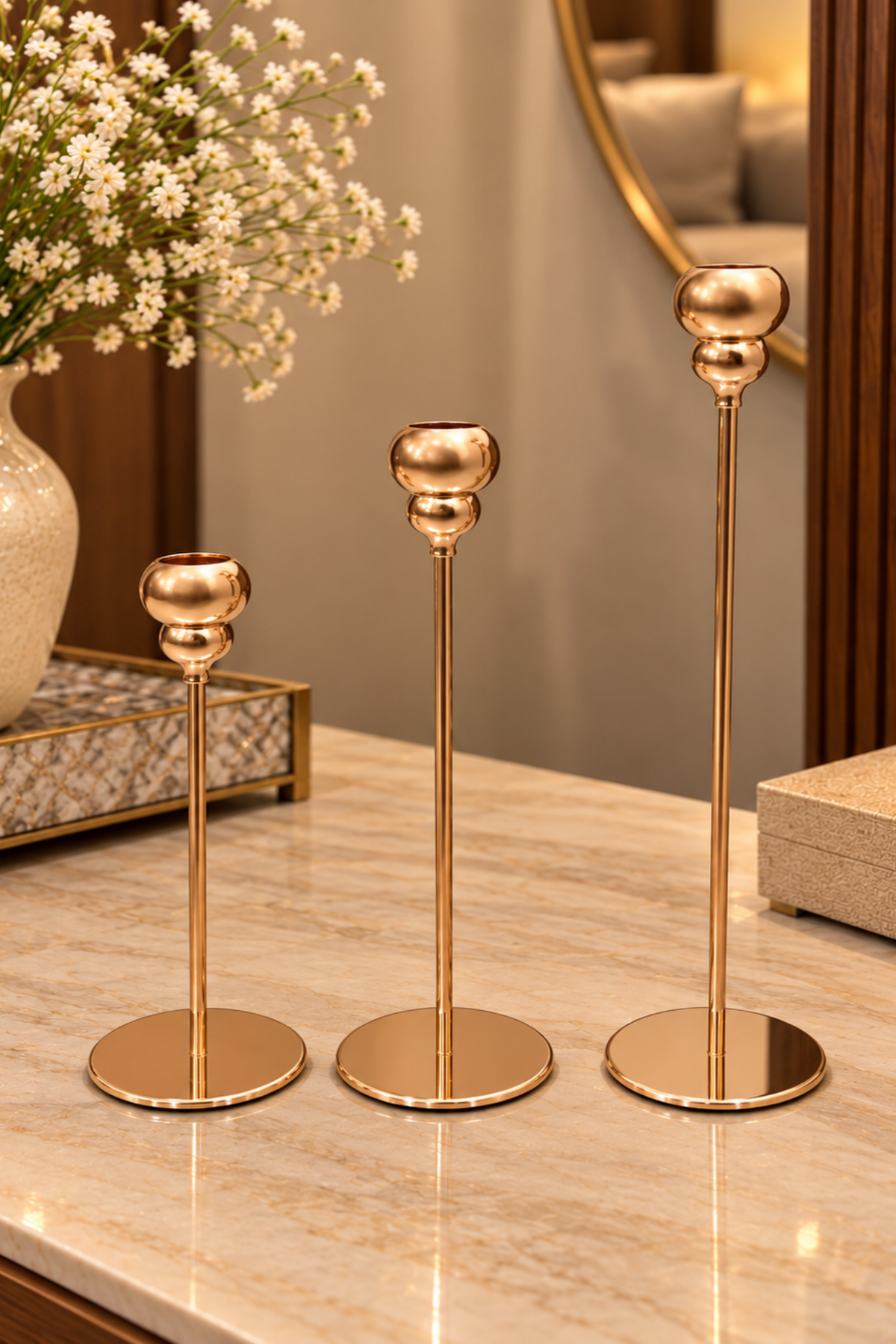 Modern Metallic Gold Candle Holder Set – 3 Piece