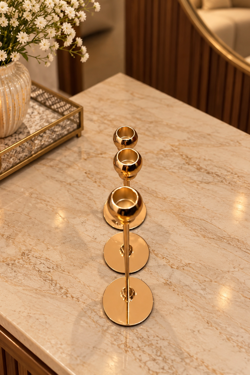 Modern Metallic Gold Candle Holder Set – 3 Piece