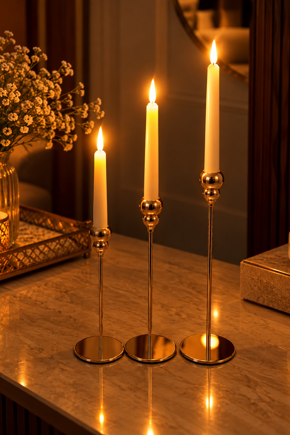 Modern Metallic Gold Candle Holder Set – 3 Piece