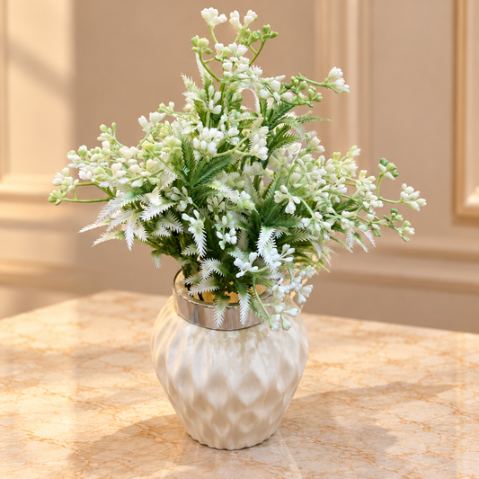 White Ribbed Decorative Vase with Artificial Flowers