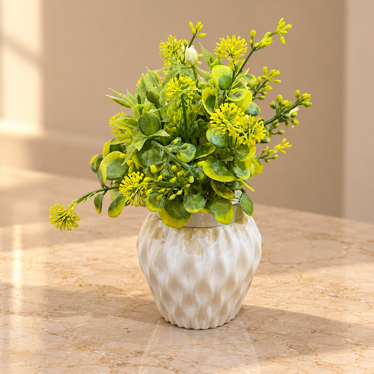 White Ribbed Decorative Vase with Artificial Flowers