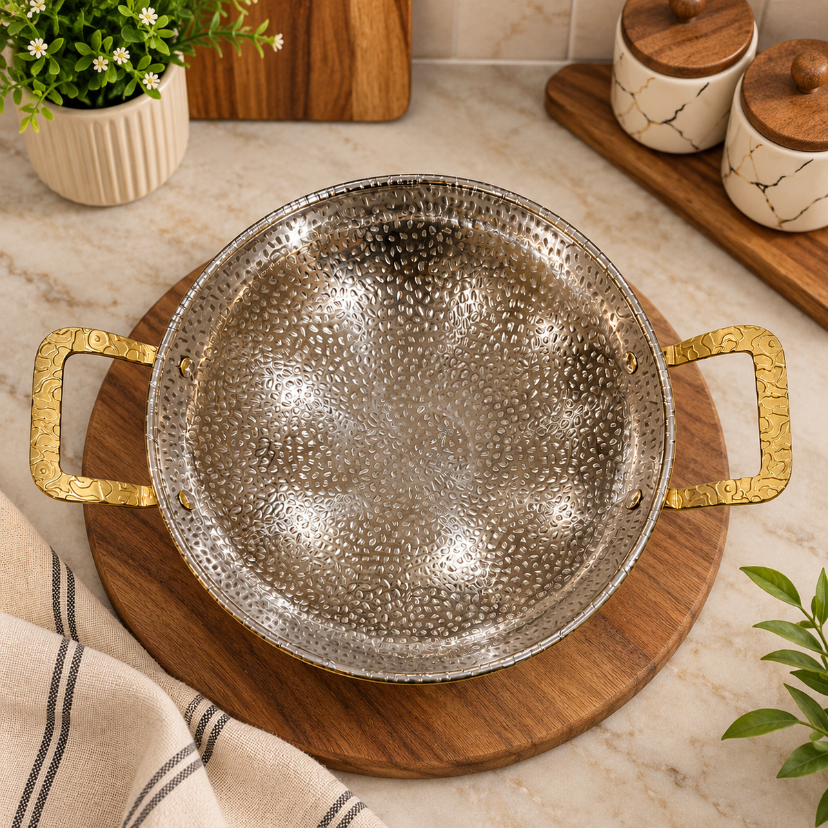 Luxe Heavyweight Hammered Serving Karahi with Golden Handles – 24 cm