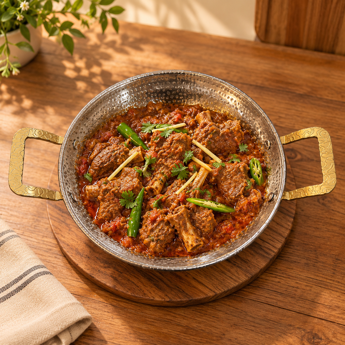 Luxe Heavyweight Hammered Serving Karahi with Golden Handles – 24 cm