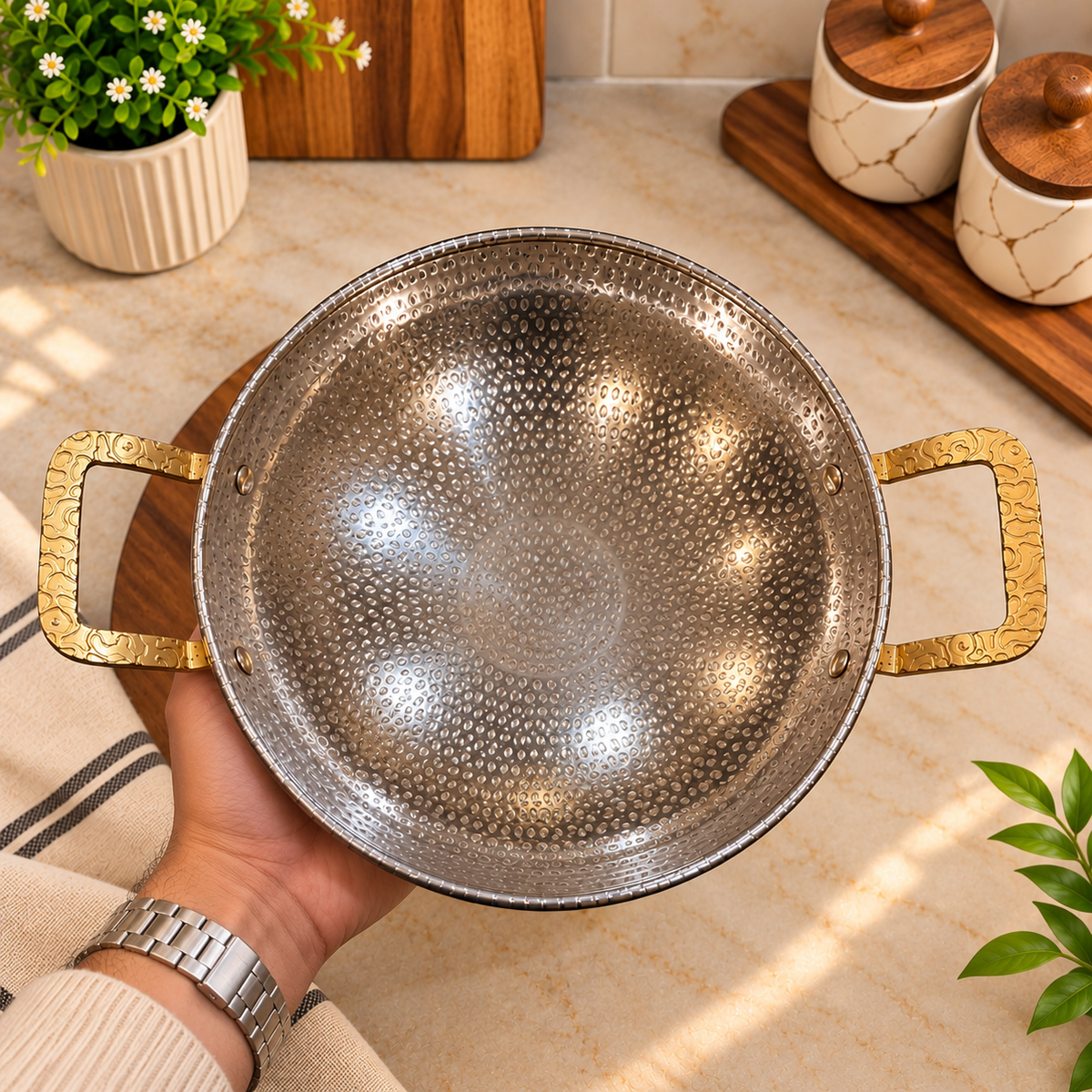 Luxe Heavyweight Hammered Serving Karahi with Golden Handles – 24 cm